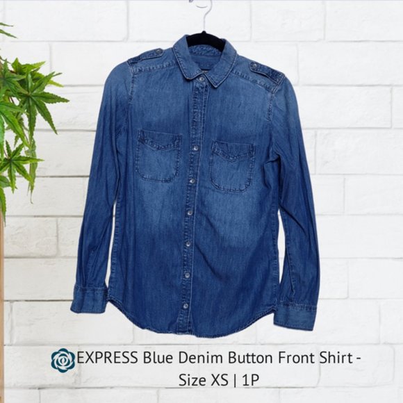 EXPRESS Blue Denim Button Front Shirt - Size XS | 1P - Picture 2 of 10